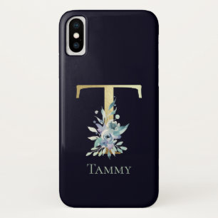 Capa Para iPhone Da Case-Mate Letra T Monograma Dourado Floral Azul Luxo Nome