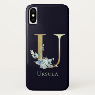 Capa Para iPhone Da Case-Mate Letra U Monograma Dourado Luxo Floral Azul Nome