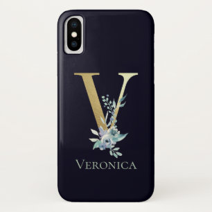 Capa Para iPhone Da Case-Mate Letra V Monograma Ouro de Luxo Floral Azul Nome