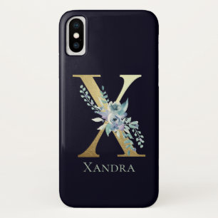 Capa Para iPhone Da Case-Mate Letra X Monograma Dourado Luxo Floral Azul Nome