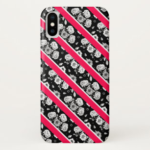 Capa Para iPhone X Listras pretas cor-de-rosa bonitos das flores
