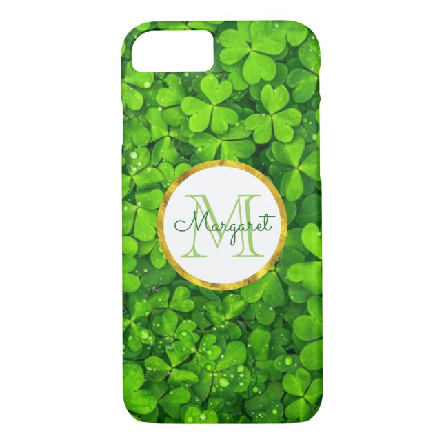 Capa Para iPhone, Case-Mate Lush Green Clovers com FAUX Gold Foil e Monograma (Verso)