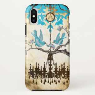 Capa Para iPhone XS Lustre de Monograma Flor de Cerejeira Pássaro