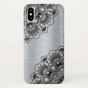 Capa Para iPhone Da Case-Mate Mandala floral preta em alumínio escovado prateado