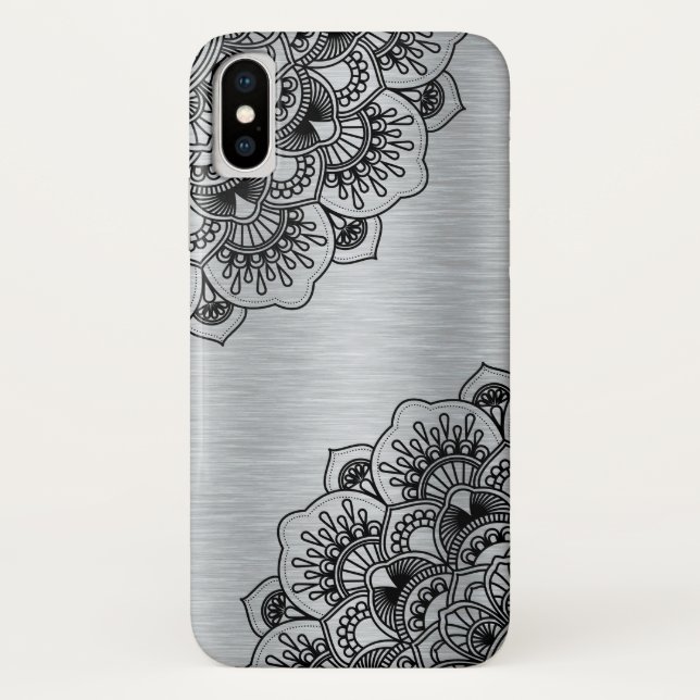 Capa Para iPhone, Case-Mate Mandala floral preta em alumínio escovado prateado (Verso)