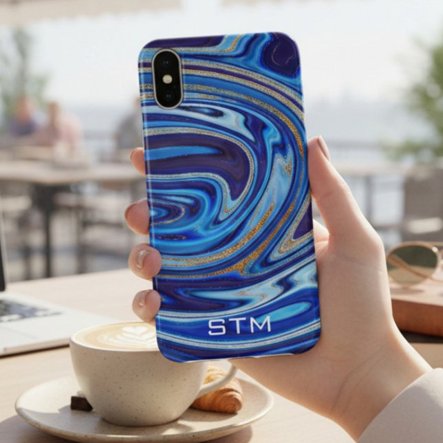 Capa Para iPhone, Case-Mate Mármore Azul e Dourado Ágata Monograma (Criador carregado)