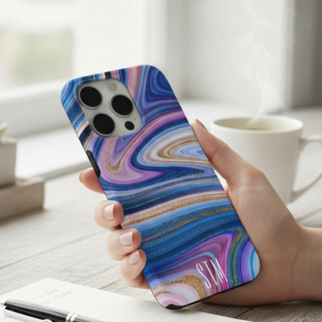 Capa Para iPhone, Case-Mate Mármore Azul e Rosa Dourado Ágata Monograma (Criador carregado)