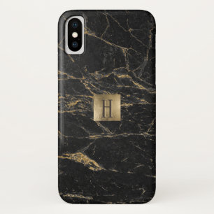 Capa Para iPhone X Mármore preto da etiqueta Dourado do monograma &
