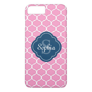 Capa iPhone 8 Plus/7 Plus Monograma Azul com Padrão de Lata Rosa Único