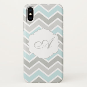 Capa Para iPhone X Monograma azul e cinzento de Chevron do ziguezague