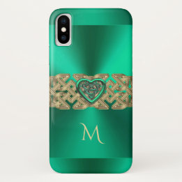 Capa Para iPhone X Monograma celta verde do nó do coração de Kelly do