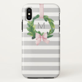 Capa Para iPhone X Monograma cinzento da grinalda do Natal da listra