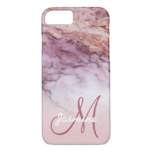 Capa iPhone 8/7 Monograma conhecido de mármore Dourado cor-de-rosa