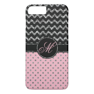 Capa iPhone 8 Plus/7 Plus Monograma cor-de-rosa de Chevron do brilho do