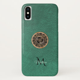 Capa Para iPhone X Monograma de bronze de couro verde do nó de
