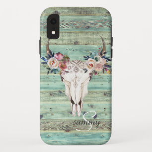 Capa Para iPhone Da Case-Mate Monograma de caveira de vaca de madeira turquesa o