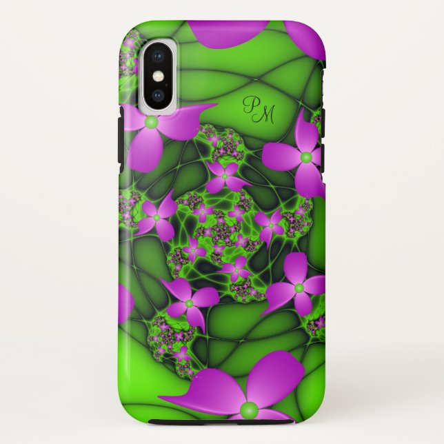 Capa Para iPhone, Case-Mate Monograma de Flores Fractais Modernas Rosa Neon Ve (Verso)