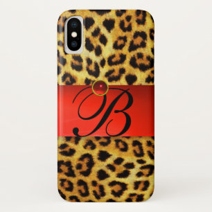 CAPA PARA iPhone DA Case-Mate MONOGRAMA DE GEMSTONE VERMELHA COM PELO LEOPARD FU