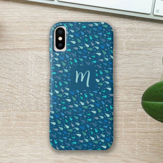 Capa Para iPhone, Case-Mate Monograma de gotas de chuva azuis (Modern blue waterdrops personalized initial iphone mask
)