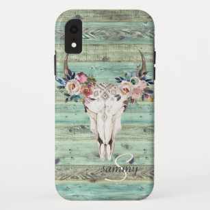 Capa Para iPhone Da Case-Mate Monograma de madeira do crânio da vaca de turquesa