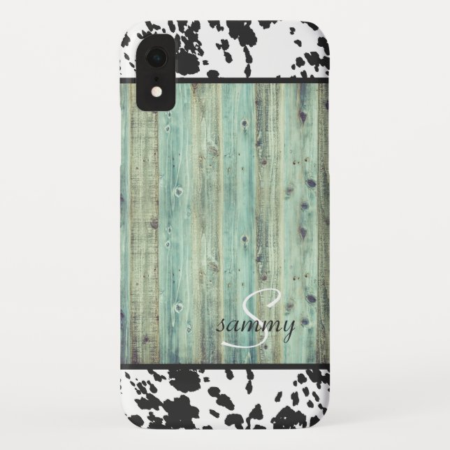 Capa Para iPhone, Case-Mate Monograma de madeira turquesa ocidental rústica em (Verso)