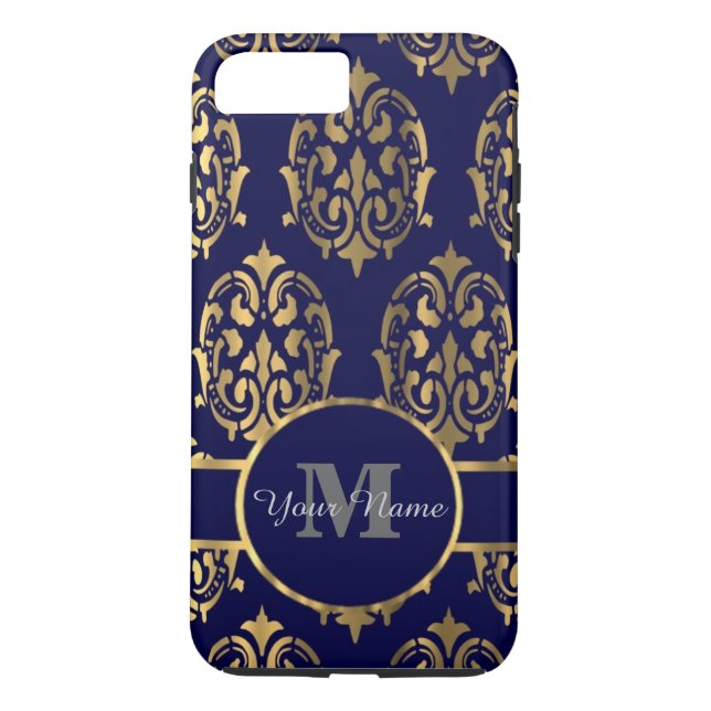 Capa Para iPhone, Case-Mate monograma de marinho e damasco de ouro (Verso)