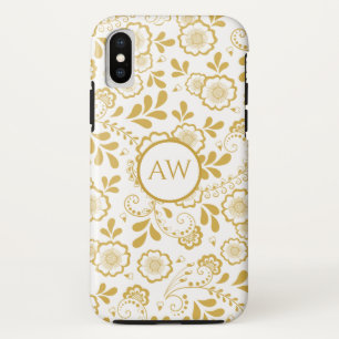 Capa Para iPhone Da Case-Mate Monograma de renda floral vitoriana dourada e bran