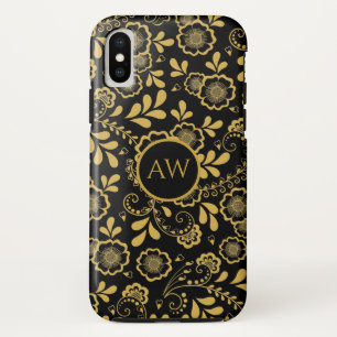 Capa Para iPhone Da Case-Mate Monograma de renda floral vitoriana dourada e pret