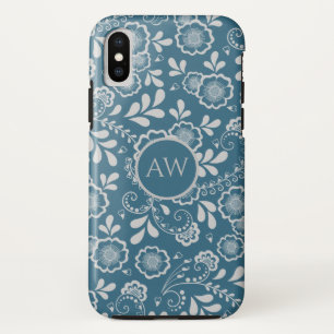 Capa Para iPhone Da Case-Mate Monograma de rendas vitorianas, prata e azul