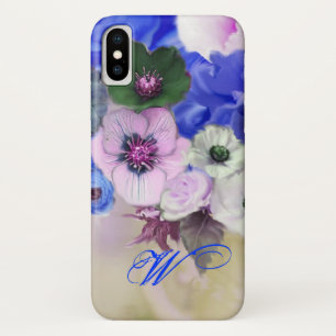 CAPA PARA iPhone X MONOGRAMA DE ROSAS BRANCAS AZUIS E FLORES DE ANEMO