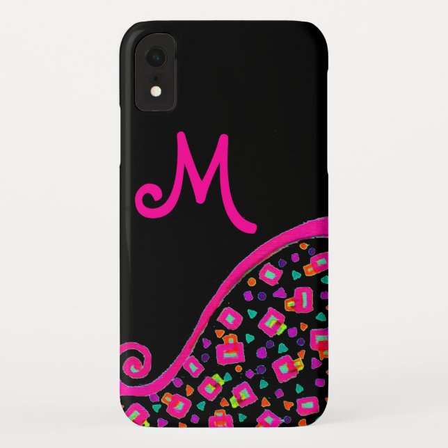 CAPA PARA iPhone, Case-Mate  MONOGRAMA DECO ABSTRATO ROSA FÚCSIA PRETO (Verso)