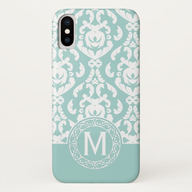 Capa Para iPhone, Case-Mate Monograma do Damasco Branco Azul (Verso)