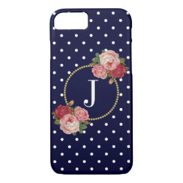 Capa iPhone 8/7 Monograma Dourado Floral Chic do Marinho Bolinhas