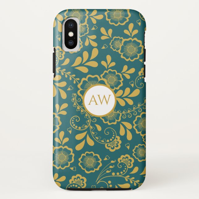 Capa Para iPhone, Case-Mate Monograma em Renda Vitoriana Dourada e Esmeralda (Verso)