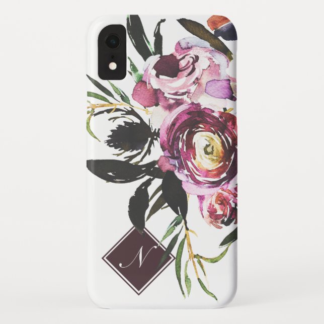 Capa Para iPhone, Case-Mate Monograma floral chique da aguarela roxa moderna (Verso)