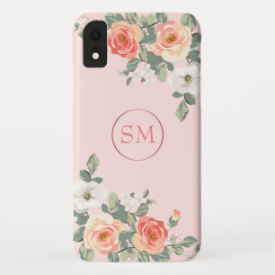 Capa Para iPhone Da Case-Mate Monograma Floral Cor-de-rosa com Rosa de pêssego