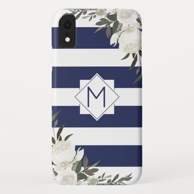 Capa Para iPhone, Case-Mate Monograma Floral Striped marinho Azul com Rosas Br (Verso)