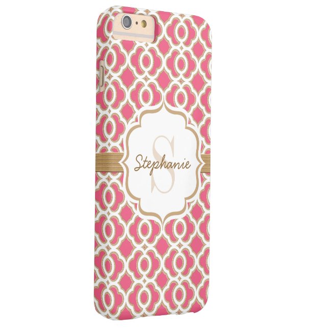 Capa Para iPhone, Case-Mate Monograma Fúcsia e Quatrefoil Dourado (Verso/Direita)