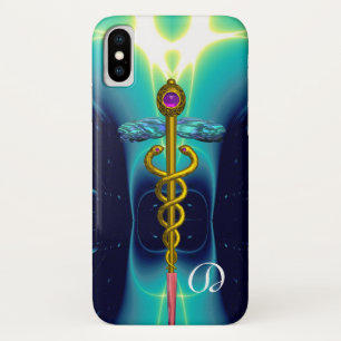 Capa Para iPhone X MONOGRAMA MÉDICA DO CADUEUE Dourado, azul-marinho
