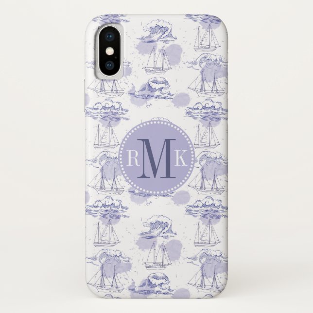 Capa Para iPhone, Case-Mate Monograma | Padrão de Ondas e Embarcações de Aquar (Verso)
