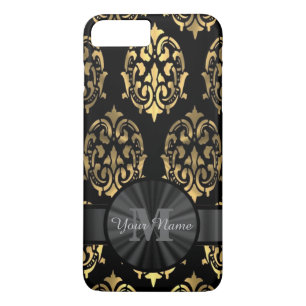 Capa Para iPhone Da Case-Mate Monograma personalizado de damasco preto e dourado