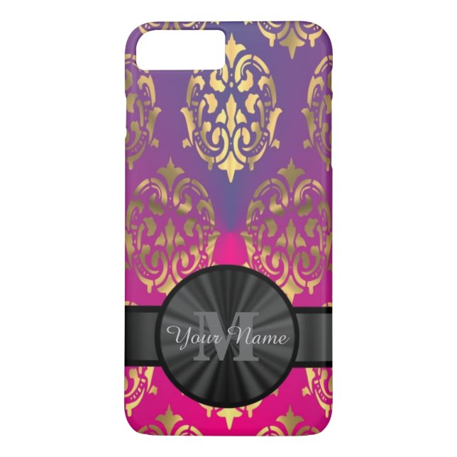 Capa Para iPhone, Case-Mate Monograma personalizado roxo e damasco dourado (Verso)