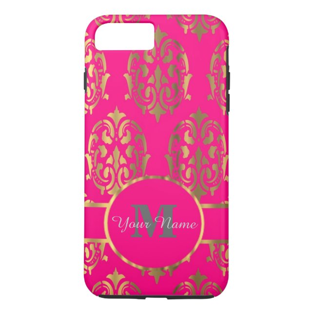 Capa Para iPhone, Case-Mate Monograma rosa quente e damasco dourado (Verso)