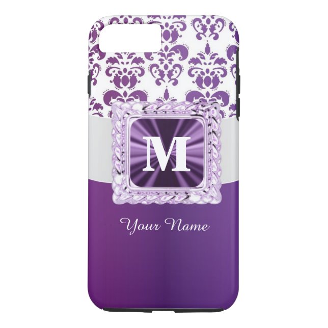 Capa Para iPhone, Case-Mate Monograma roxo e damasco branco (Verso)