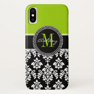 Capa Para iPhone X Monograma Verde limão Preta Cor damasco