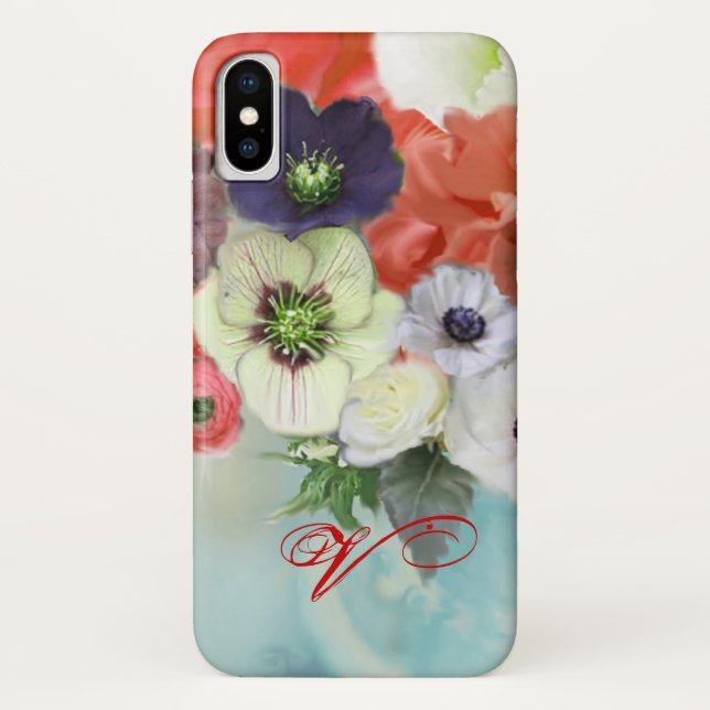 CAPA PARA iPhone, Case-Mate  MONOGRAMAS VERMELHOS E FLORES DE ANEMONA (Verso)