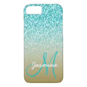 Capa Para iPhone Da Case-Mate Monogramme Nome Girly Teal Glitter Ombre Dourado