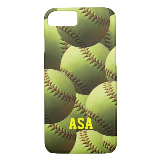 Capa Para iPhone, Case-Mate Multi bola do softball amarelo com nome (Verso)