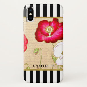 Capa Para iPhone Da Case-Mate Na moda Red Poppy Floral Black Stripes Com Nome