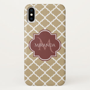 Capa Para iPhone X Na moda Tan Quatrefoil Monograma e Nome da Borgonh